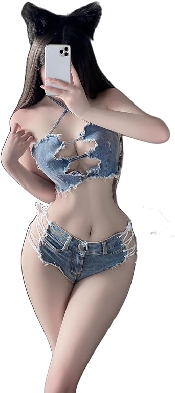SINGUYUN Bikini Sets for Women Denim Bra Panties Cosplay Lingerie Jeans Two Piece Swimsuits Strappy Bra and Hot Shorts