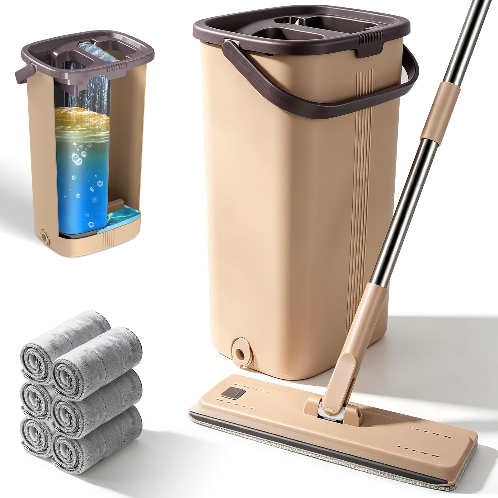 MASTERTOP Balai Serpillière et Seau Essoreur, Balai Microfibre Rotatif 360° et Seau à 2 Compartiments, Serpillière de Mains Libre pour Nettoyage de Sol, avec 6 Tampons Réutilisables (Beige)