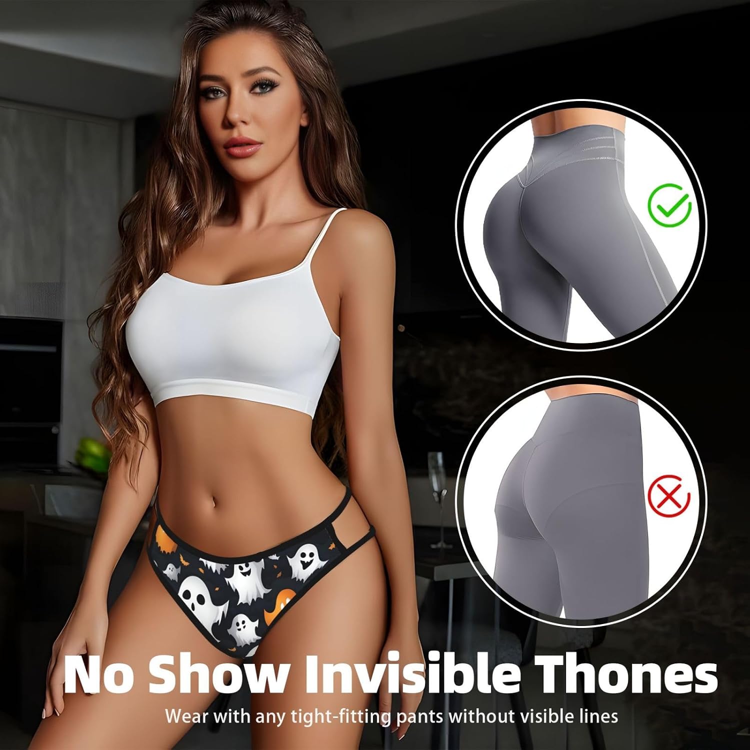 Cute White Ghost Halloween Pattern Print Sexy Underwear G String Thongs For Women Low Rise No Show Workout Panties For Sports And Yoga