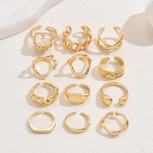 Vista 5 de Juego de 12 anillos gruesos para mujer, anillos de oro que no se deslustra, anillo ajustable para mujer, anillo vintage apilable, joyería gruesa