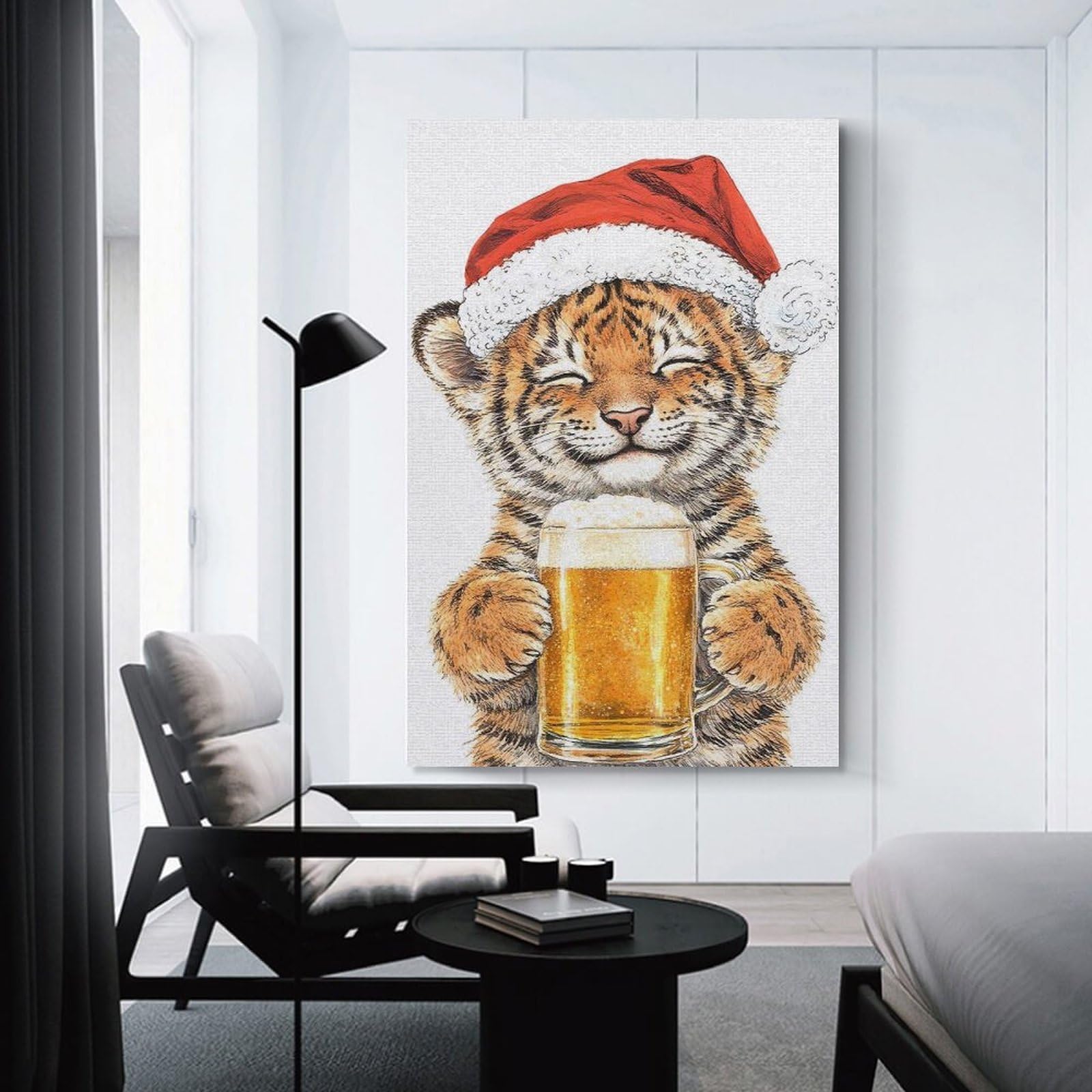 Junmoney Decorative Wall Artwork Cute Tiger Cub in Santa Hat with Beer, 20x30inch(50x75cm), for Lounge, Bedroom Or Personal Spaces, Thoughtful Wall Decor for Art Lovers