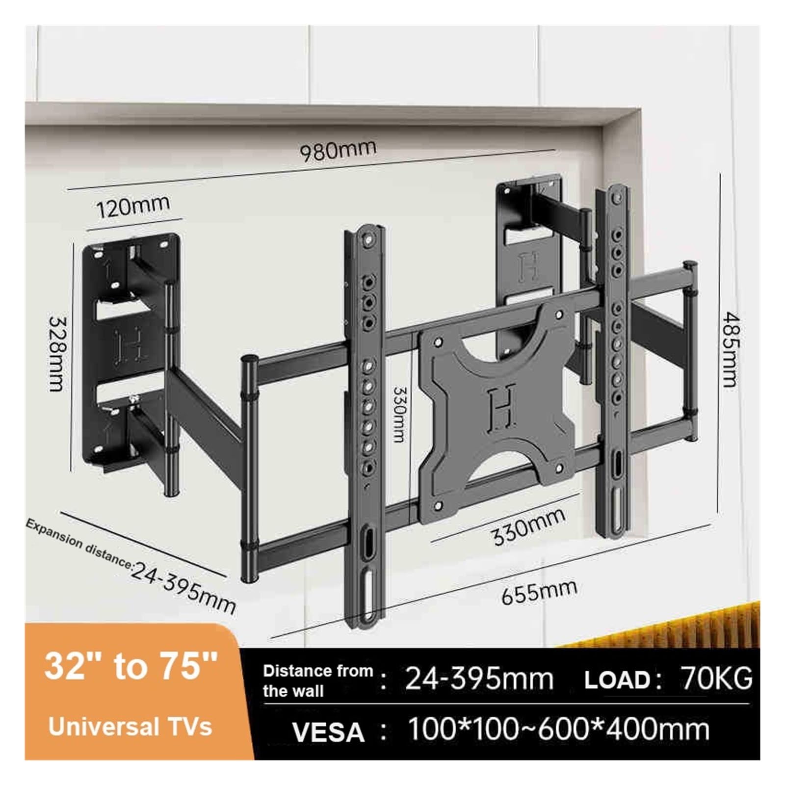 Adatto for La Maggior Parte Dei Supporti A Parete for TV Da 55-120 Pollici, Con Doppi Bracci Regolabili, Ruotabile E Inclinabile, Supporta Fino A 154 Libbre, 600x900 Mm(32-75 inch)
