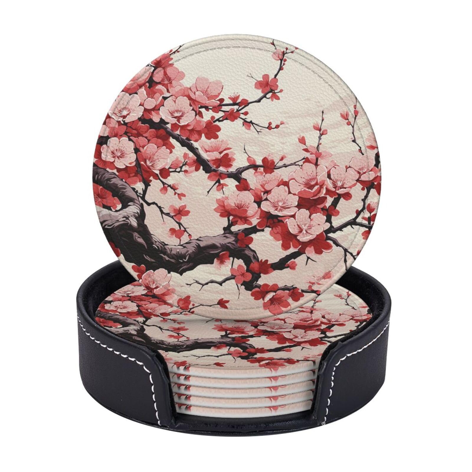 Round Coasters for Drinks Set of 6 - PU Leather Coasters with Holder - Modern Drink Coasters for Coffee Table - Japanese Floral Cherry Blossom Coaster for Tabletop Protection 4" Cup Mat Pad
