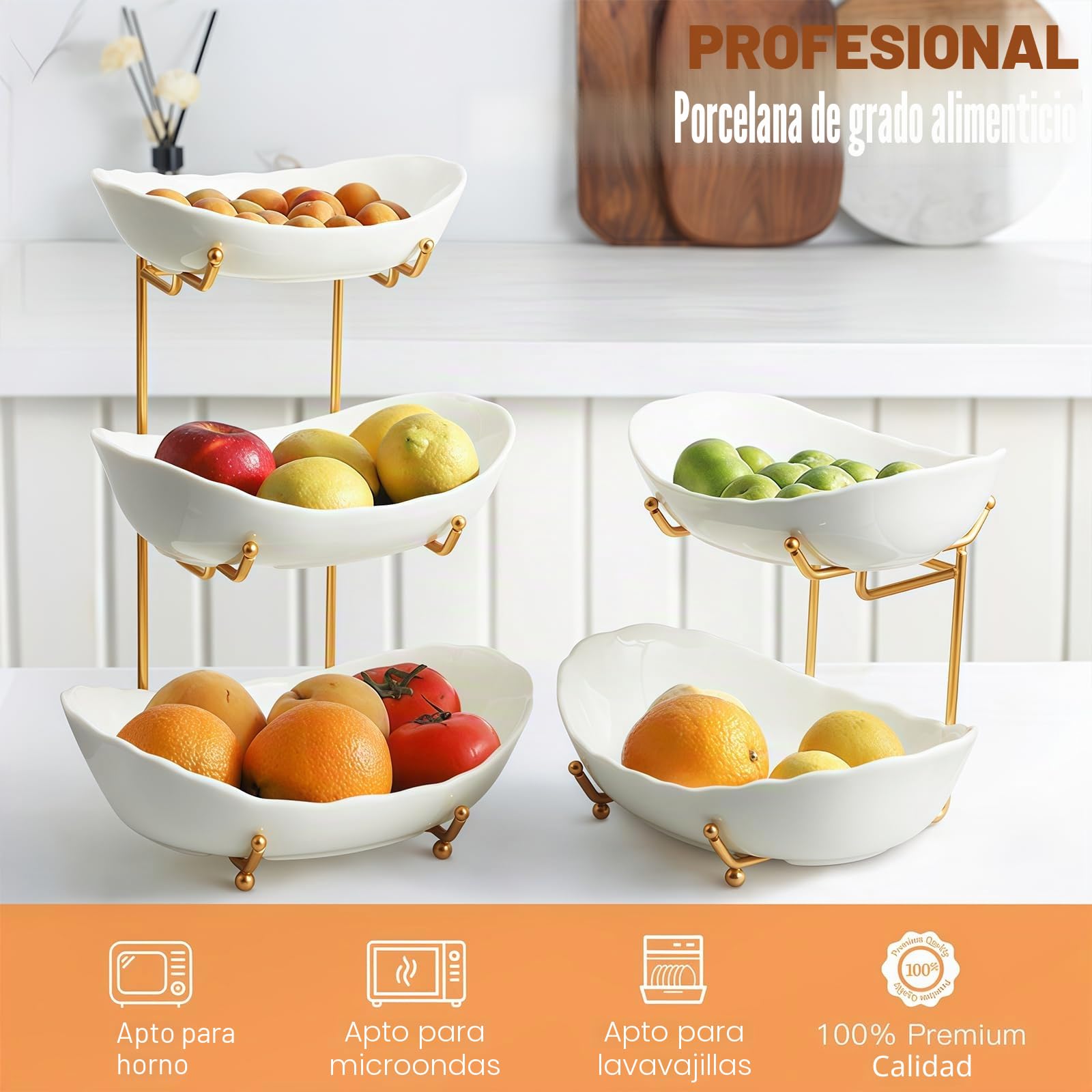 Frutero de cerámica para encimera de cocina, cesta de frutas de 3 niveles con soporte de metal, soporte de frutas escalonado para encimera, aperitivos, nueces, pasteles, postres, lindo (dorado