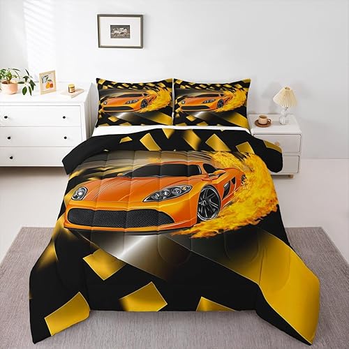 Miniatura 15 de Juego de edredón vintage para niños, edredón de plumón con patrón de automóvil, juego de ropa de cama de garaje de vehículos de reparación