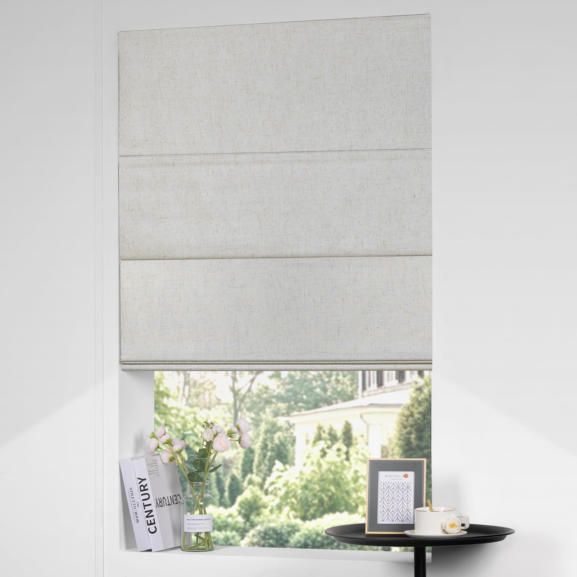 Boolegon Cordless Roman Shades for Custom Size, Blackout Roman Blinds for Indoor Window, Linen Textured, Energy Efficient, Thermal Insulated Window Blind, Privacy, Beige White, 66
