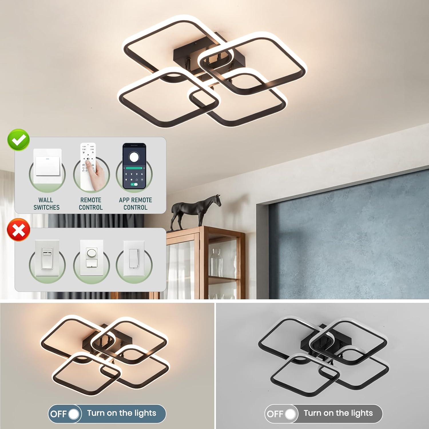 CANEOE Modern Black Led Ceiling Light, Square Dimmable Flush Mount Ceiling Light with Remote Control, Bedroom Ceiling Lighting Fixture for Living Room Dining Room Kitchen Office