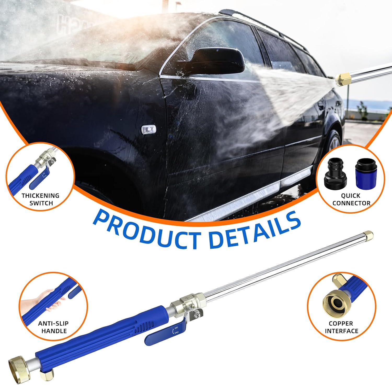 Buyplus Jet Nozzle High Pressure Hose Nozzle, 2-in-1 High Pressure Power Washer for House, Jet Nozzle for Garden Hose Power Washer Wand with 3 Different Tips, Quick Connectors and Gloves, 18 Inch Blue