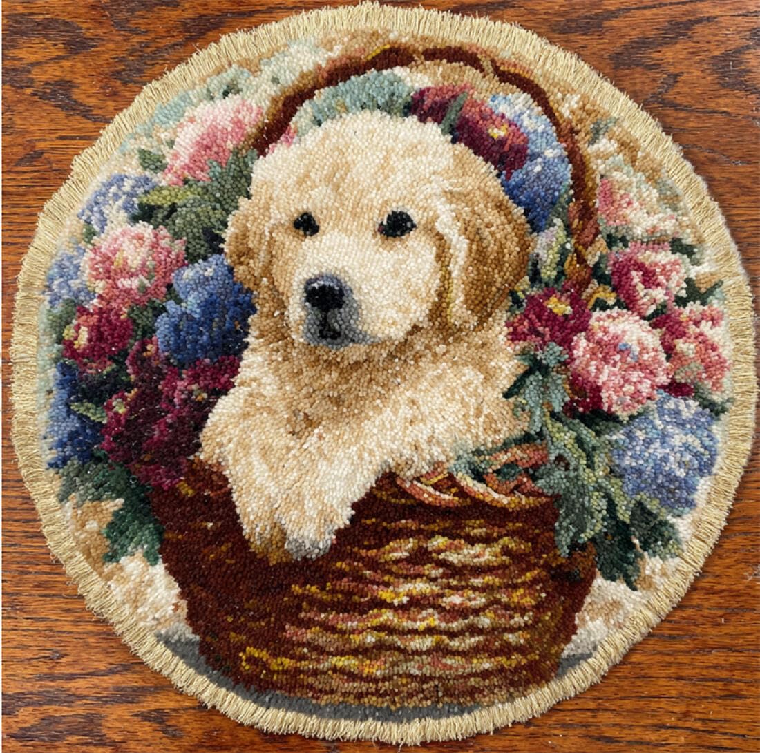 Rqwybcaxn DIY Rug Latch Hook Kits for the Elderly Animal Cross Stitch Kit Golden Retrievers and Flowers 100x100cm Round Tapestry with Crochet Hook Hallway Craft Gift