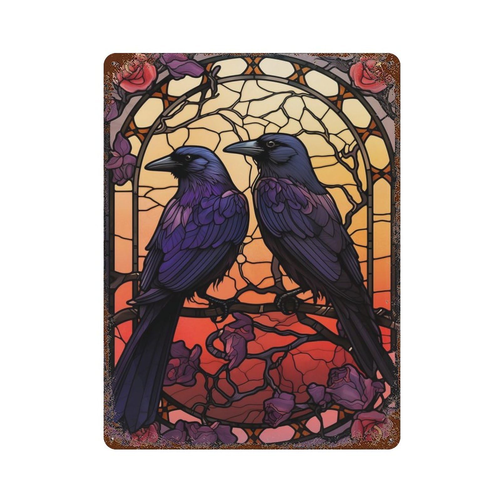 Ravens Huginn And Muninn Rustic Tin Plaque 15.7"x11.8", Ideal for Shed, Workshop And Garage Wall Decor