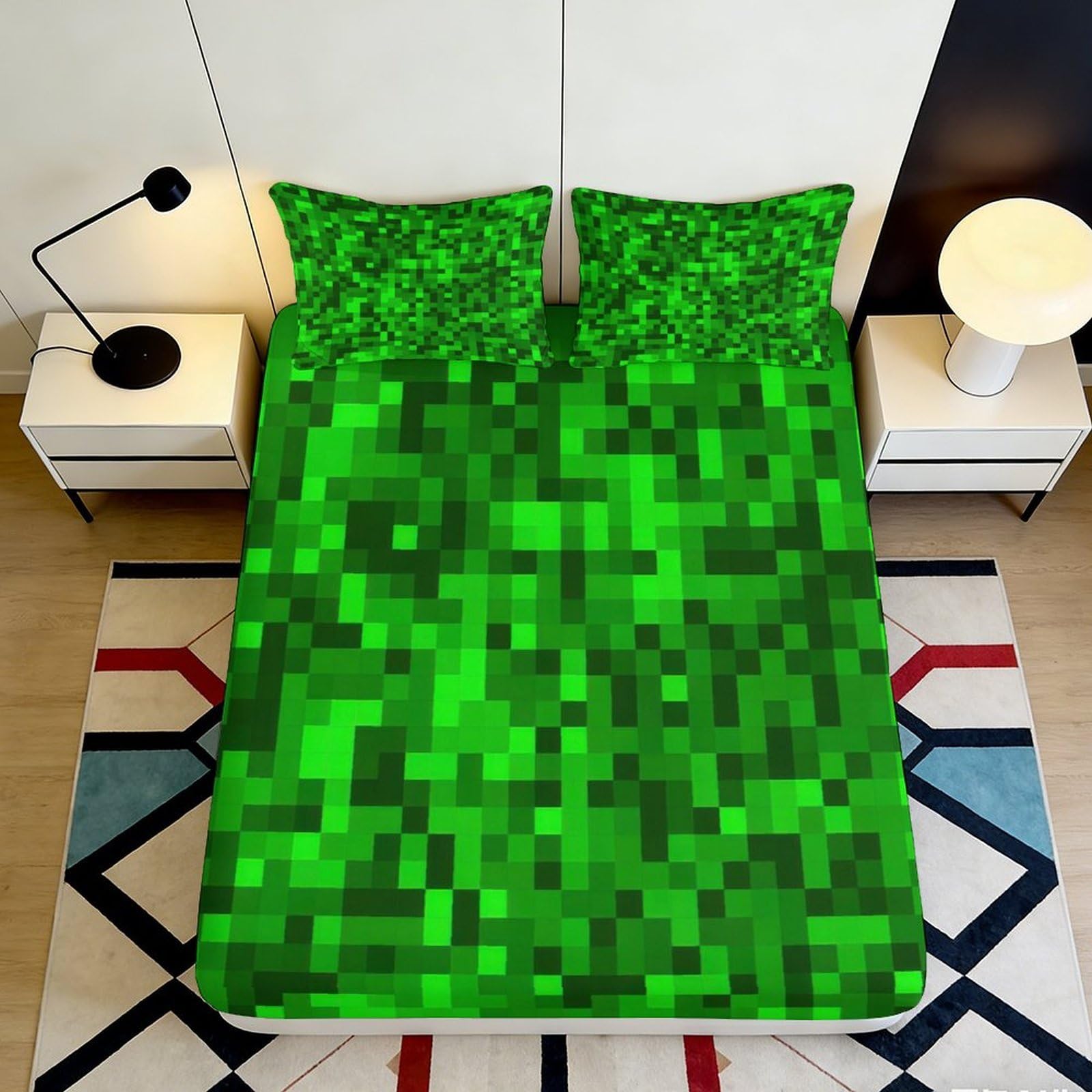3D Printed Green Pixel Grass Fitted Sheet Microfiber Soft Breathable Mosaic Block Mattress Cover Bedroom Decor 90x200x25cm
