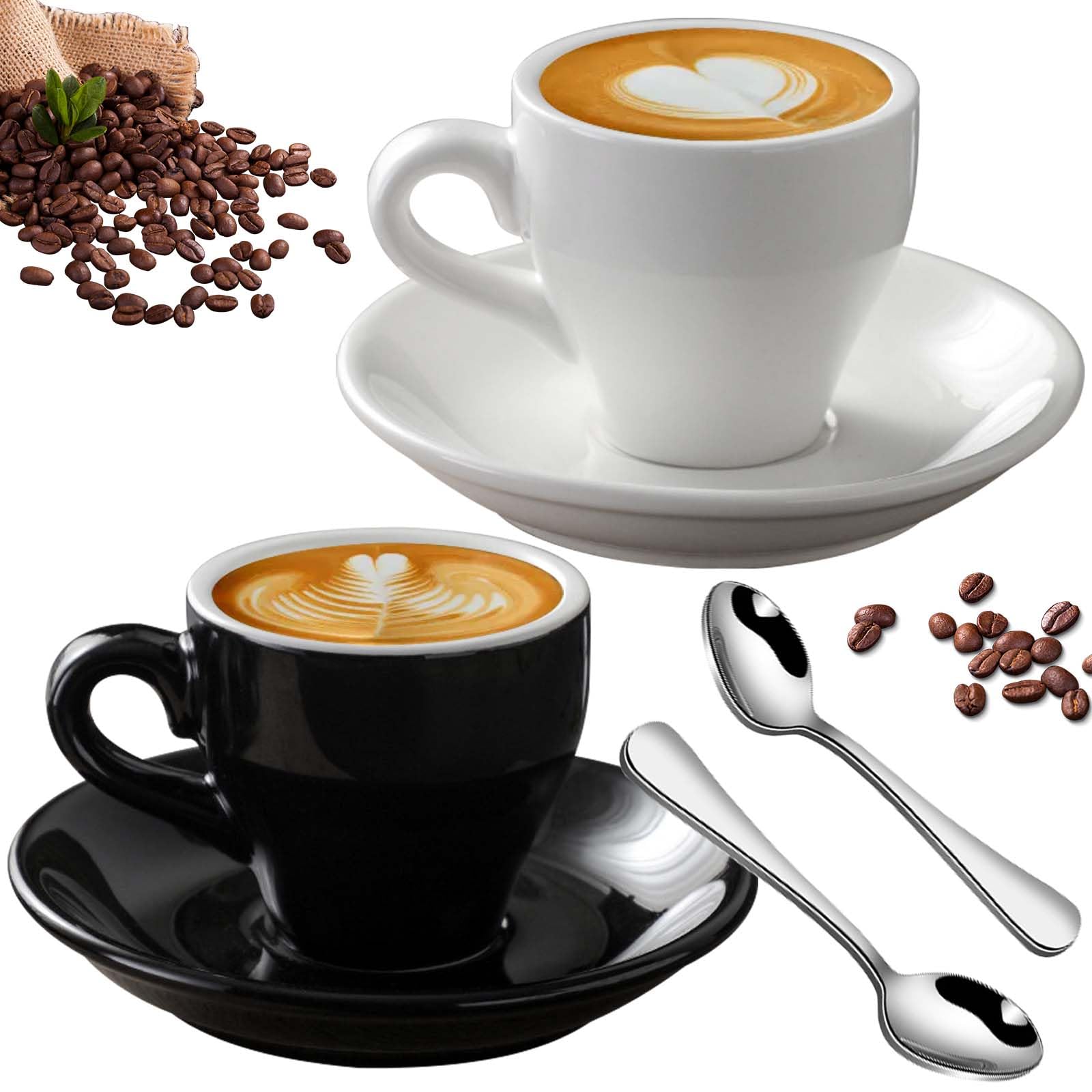 Asfrode Espressotassen Set, Espressotasse aus Porzellan mit Untertasse und Mini-Löffeln aus Edelstahl, 2 Stück 80 ml Extra Dickwandig Kaffeetasse für Mokka Macchiato Tee Espresso Küche, Haushalt & Wohnen