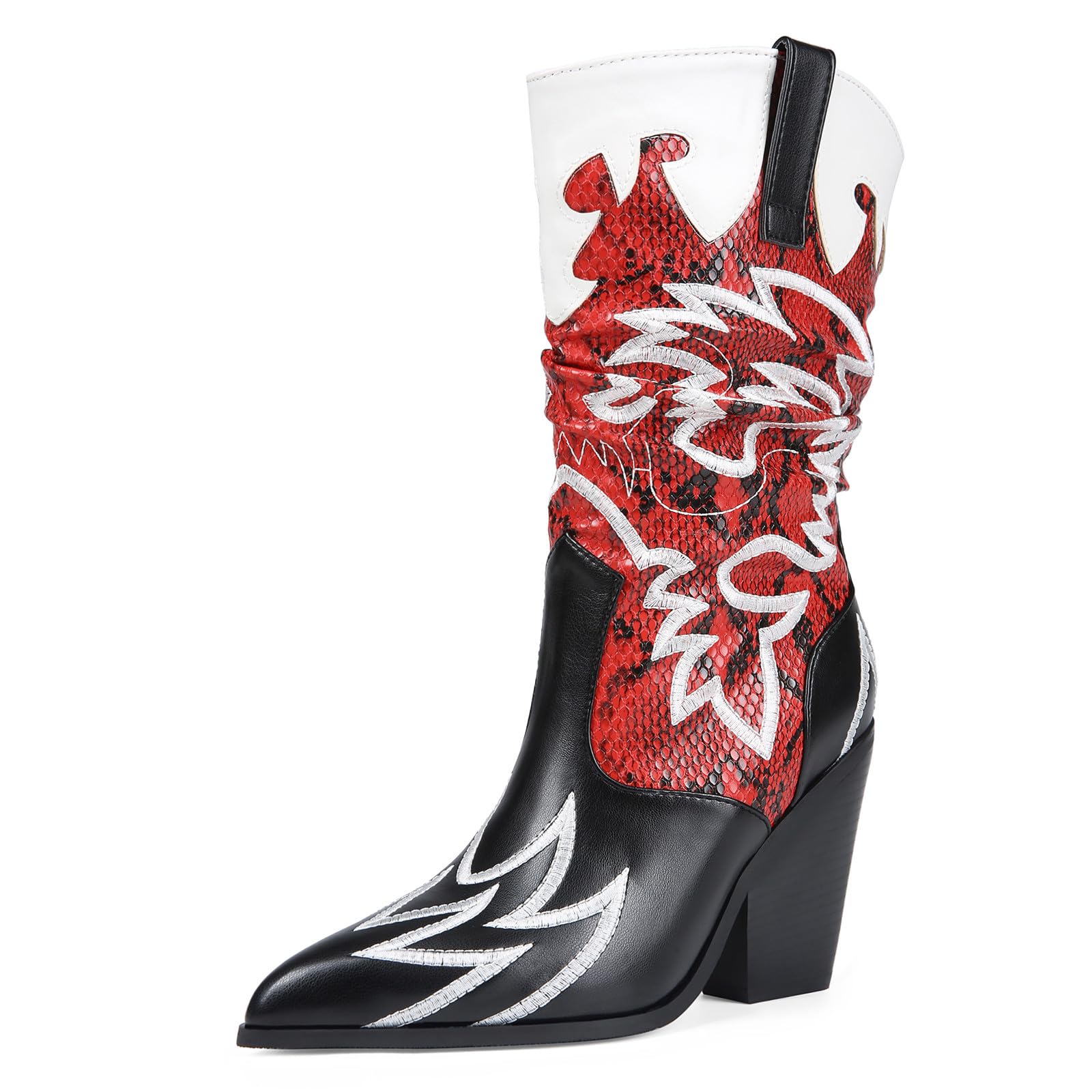Women Cowboy Boots Mid Calf Embroidered Cowboy Boots for Women Knee High Chunky Heel Pointed Toe Wide Calf