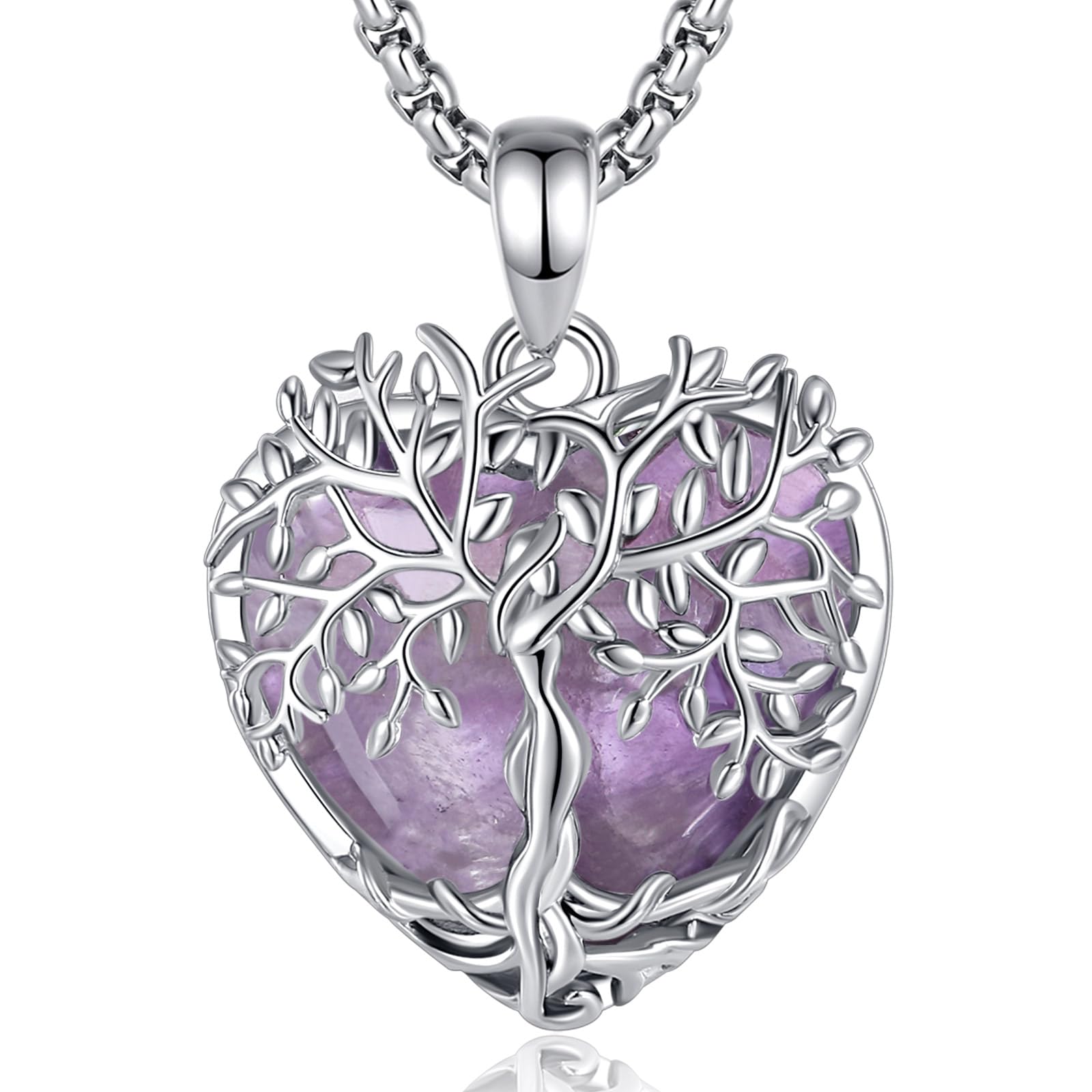 Vito Tree of Life Necklace for Women Men, Silver Plated Copper Teardrop Moonstone/Obsidian/Turquoise/Amethyst/Malachite Crystal Tree Necklace