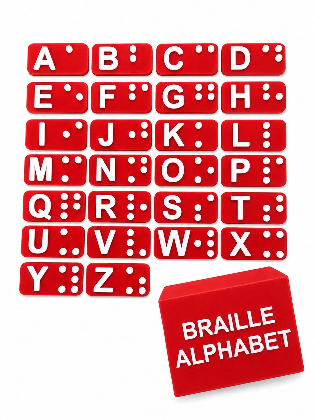 Braille Alphabet Learning Toy Set for Blind & Visually Impaired Kids, Tactile Braille Letter Cards with Storage Box, Montessori Sensory Educational Toy, Orange (Red)