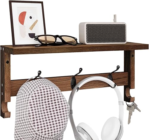 Miniatura 1 de Ganchos de pared con estante, ganchos de madera para colgar abrigos de pared, ganchos de pared para entrada, sala de estar, baño (marrón)