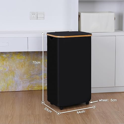 Miniatura 10 de Merkisa Cesta de lavandería delgada, cesta de lavandería de 60 litros con tapa, canasta alta para lavandería, cesta de tela sucia con mango de bambú