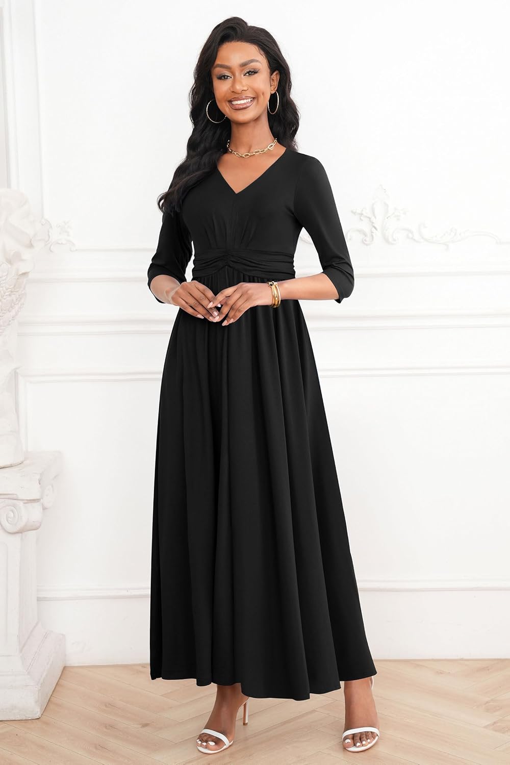 FANDEE Casual Maxi Dress for Women Summer Wtih Pockets 3/4 Sleeve V Neck Elastic High Waist Elegant Pleated A-Line Dresses - Image 3