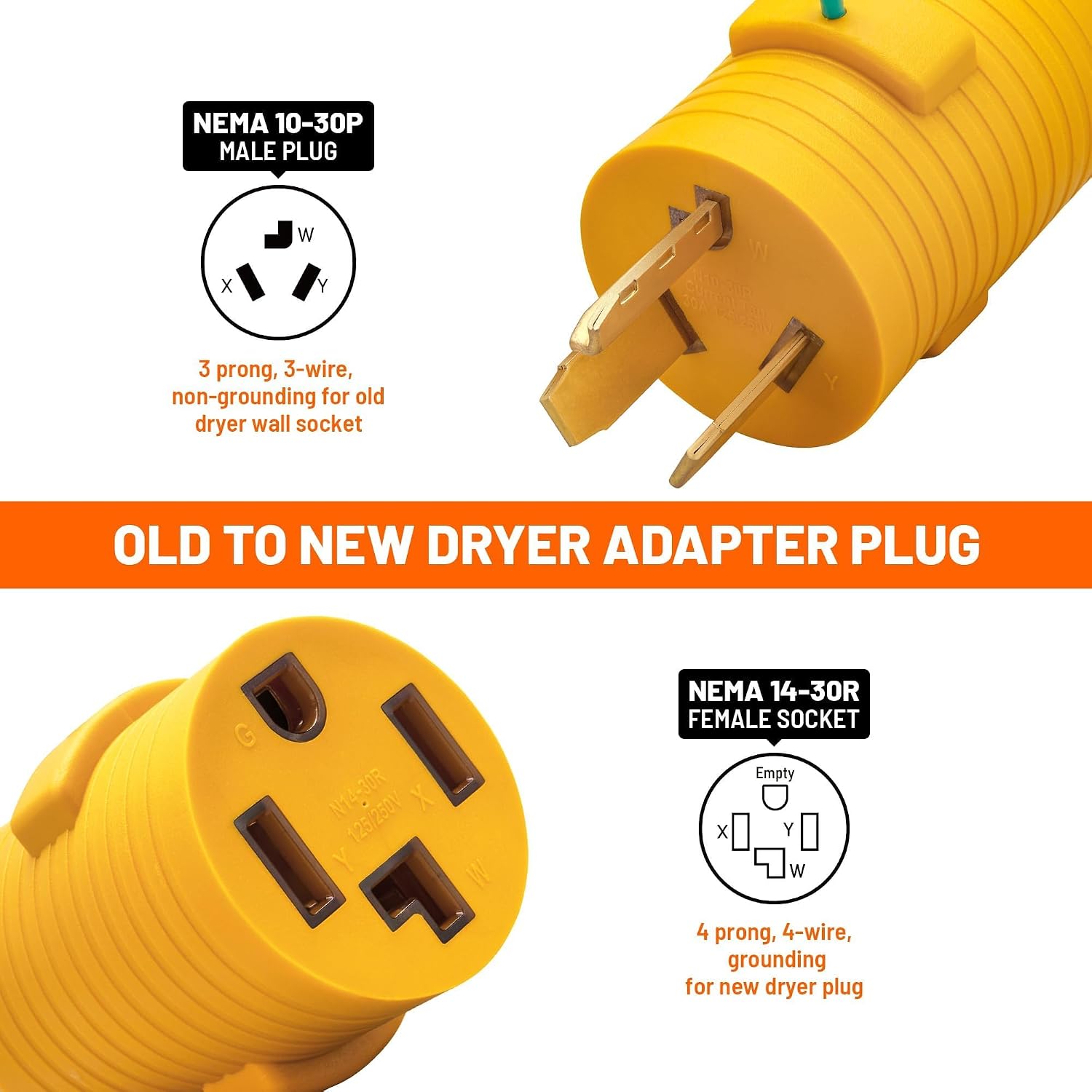 MECMO 4 Prong to 3 Prong Dryer Plug Adapter, 4P Newer Dryer to 3P Older House with Safety Ground Wire - NEMA 10-30P to NEMA 14-30R, 220V 30 Amp New Dryer to Old Receptacle Convert Cord
