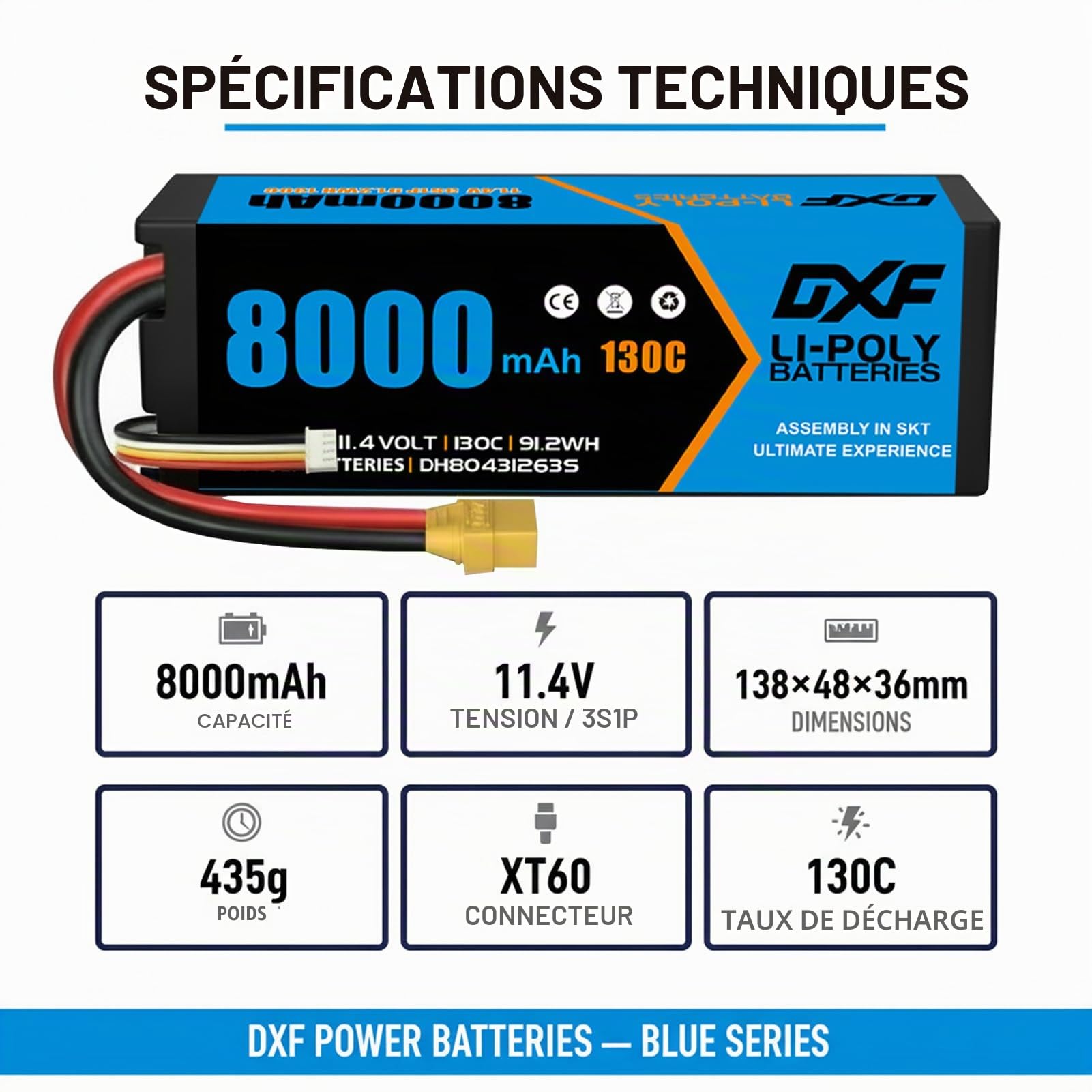 DXF Batterie LiPo 3S 8000mAh 11.4V 130C XT90, 2 Packs Lithium Polymère Haute Décharge pour Voiture RC 1/8 1/10 Buggy Truggy Monster Truck Short Course, Compatible Modèles Radiocommandés
