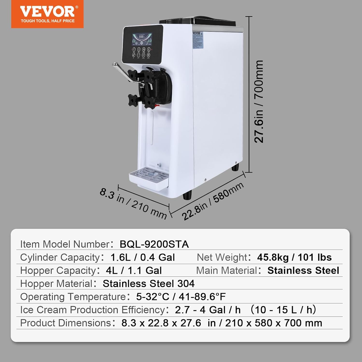 VEVOR Commercial Ice Cream Machine, 10.6 QT/H Yield, 1000W Soft Serve Countertop Ice Cream Maker, Single Flavor, 4L Hopper & 1.6L Cylinder, LCD Display, Auto Clean, Pre-Cooling, Restaurant Snack Bar