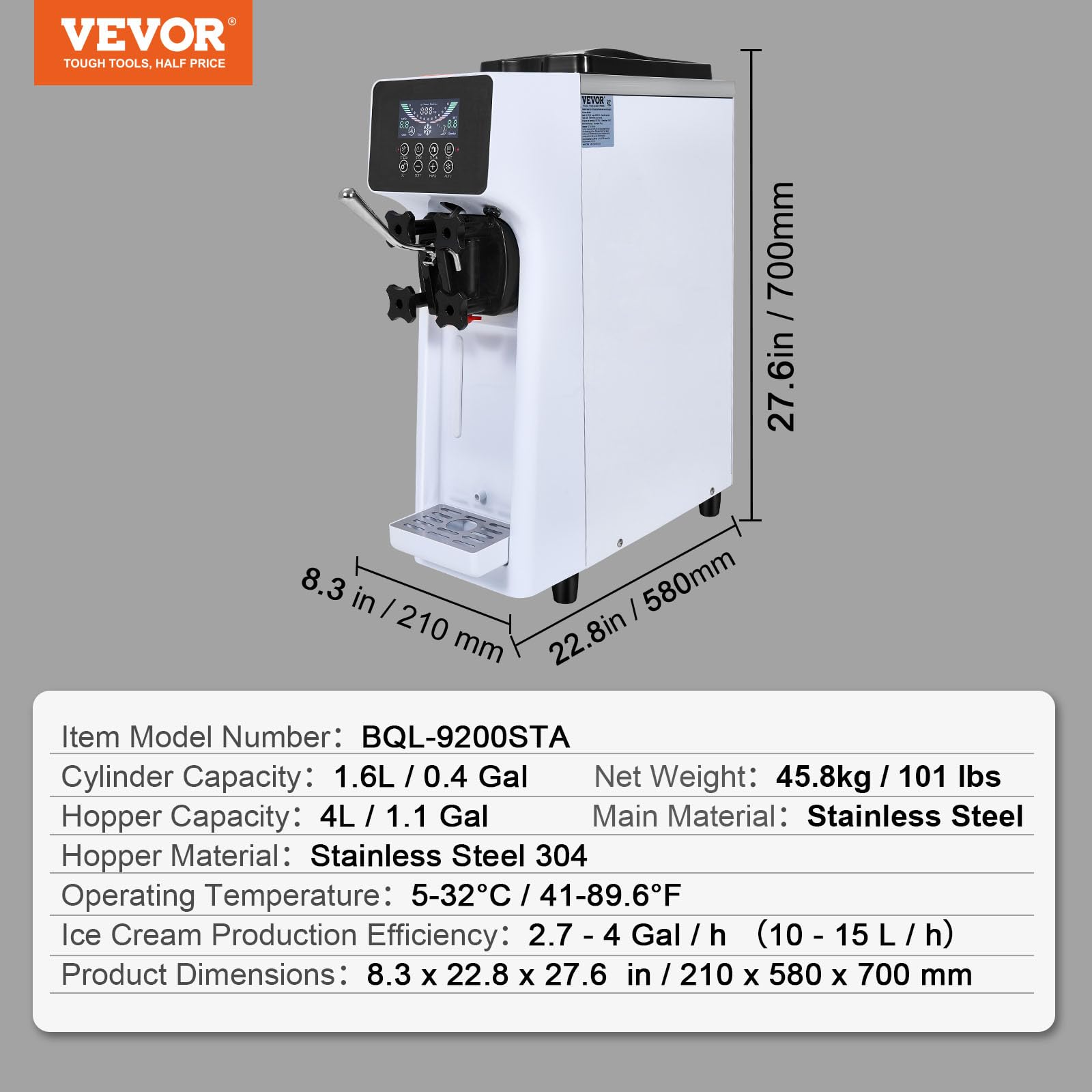VEVOR Máquina de Helados Comercial 10 L/h 900 W Sabor Único Máquina para Hacer Helados Tolva de 4 L Panel LCD Pre-Refrigeración Limpieza Automática para Restaurante Snack-bars Mercado Tienda