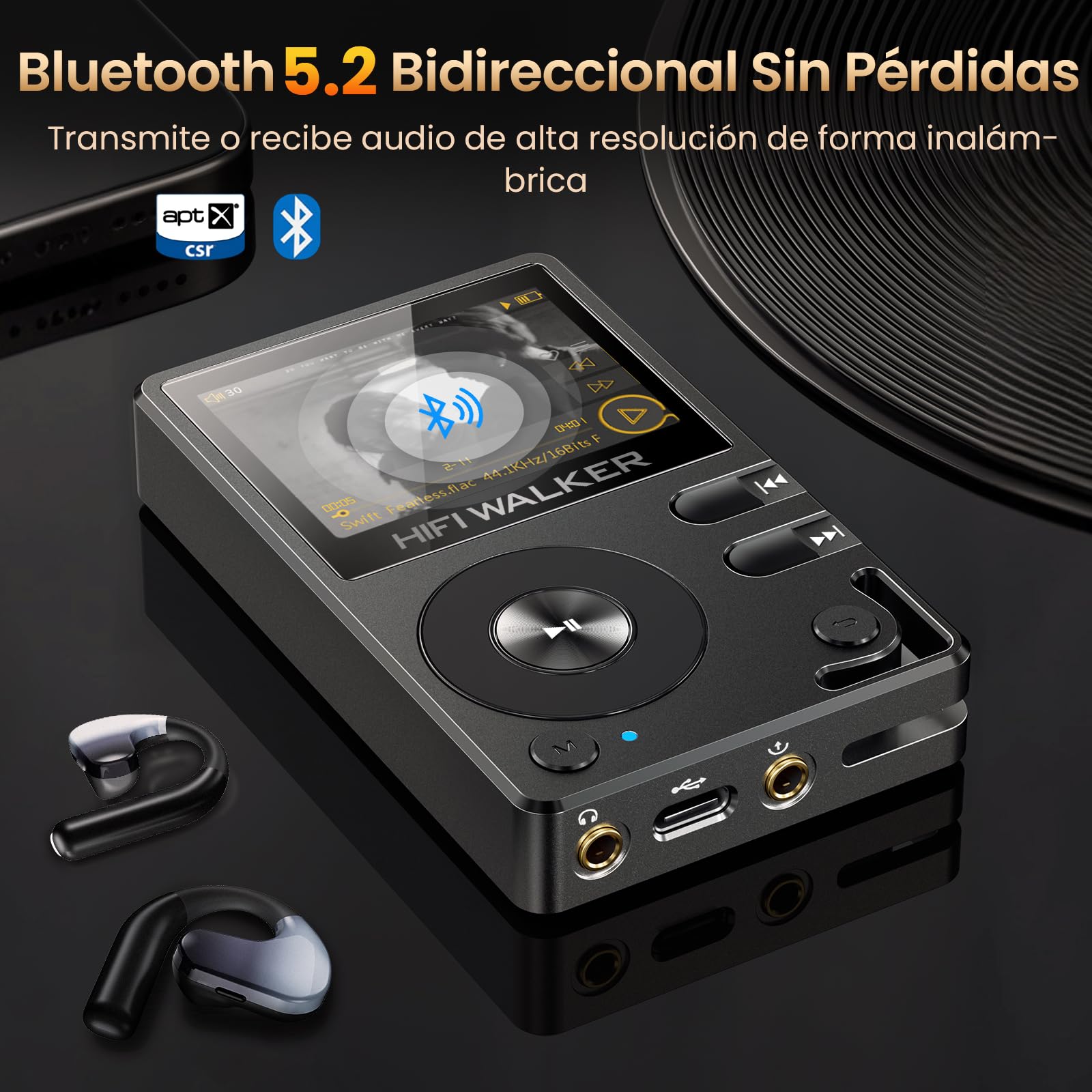 HIFI Walker H2 128 GB MP3-Player Bluetooth 5.2 DSD DAC Hi-Res FLAC Reproductor de música sin pérdidas 128 GB Tarjeta SD 512 GB Ampliable Regulador ALPS Robusta Carcasa de Zinc