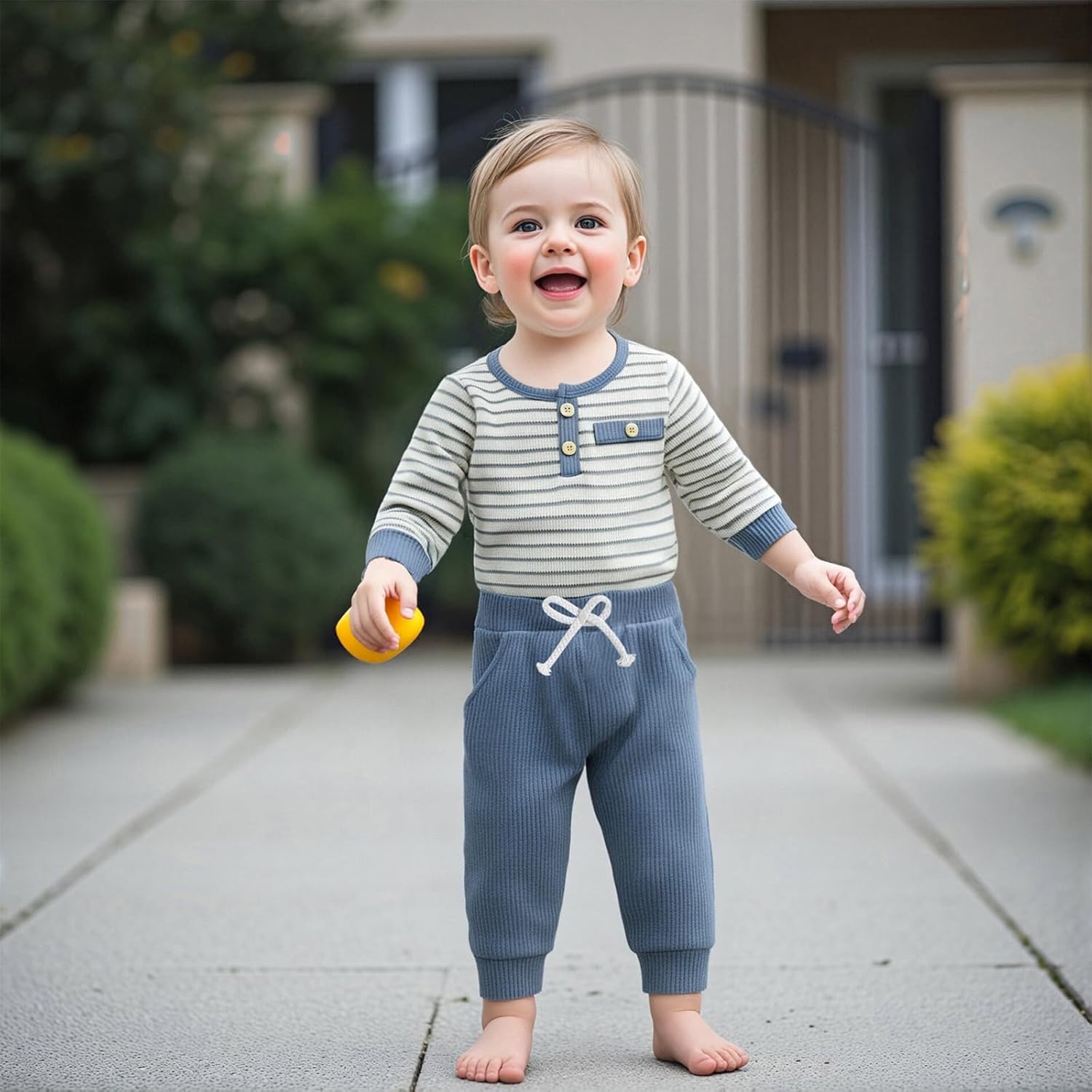 ZAXARRA Baby Boy Outfits Waffle Striped Baby Sweatshirt Tops Elastic Long Pants Set Toddler Boys Girls Fall Clothes - Image 5