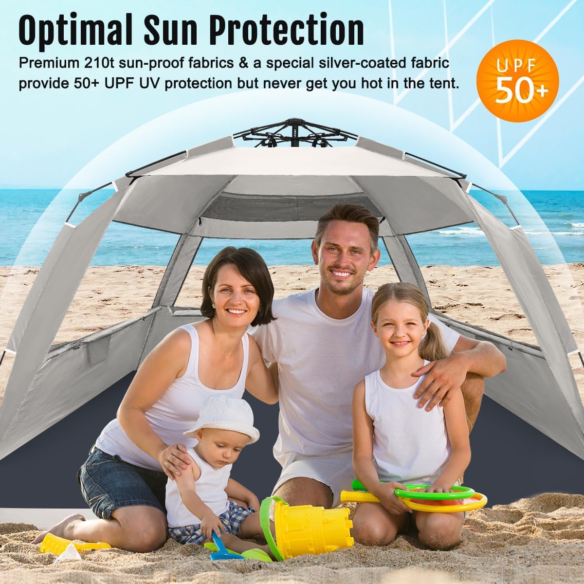 WhiteFang Deluxe Pop Up Beach Tent Sun Shade Shelter for 3-4/5-6 Person, UV Protection, Extendable Floor with 3 Ventilating Windows Plus Carrying Bag, Stakes, and Guy Lines