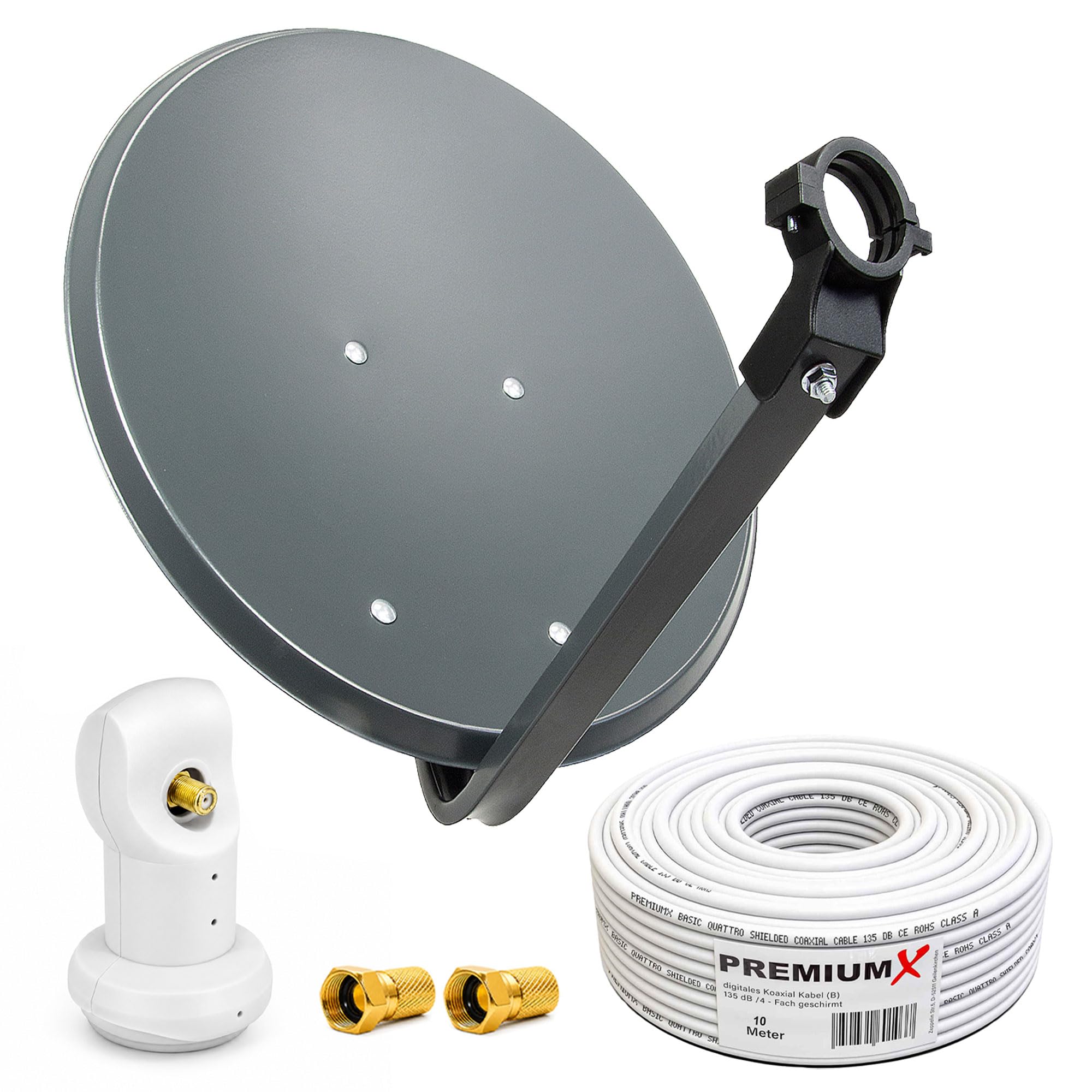 PremiumX Camping Satelliten-Komplettanlage 60cm Satellitenschüssel Anthrazit SAT Single LNB 10m Kabel 2X F-Stecker