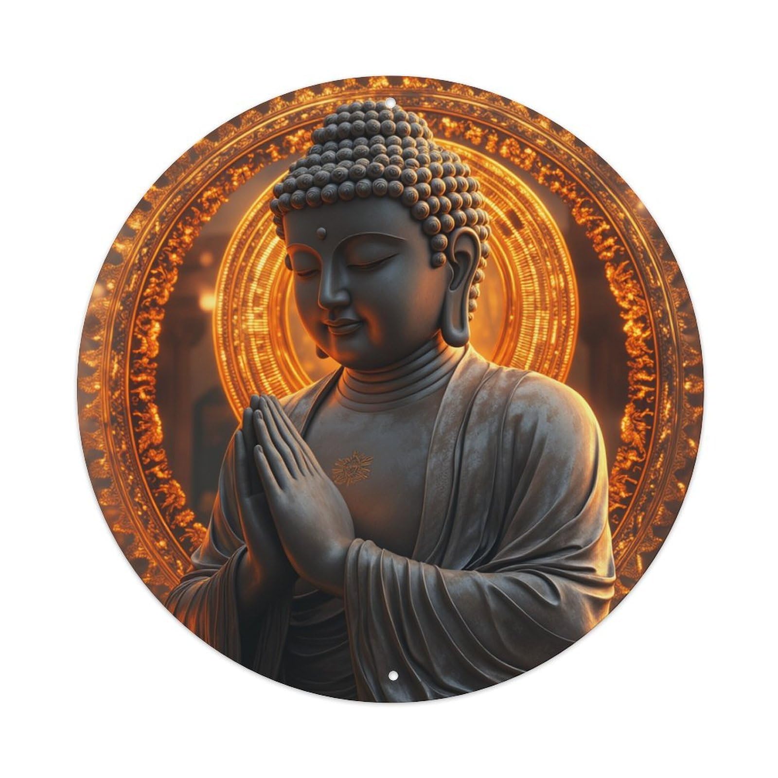 Buddha Statue Golden Halo Peaceful Pose Round Tin Sign Retro Metal Sign for Cafe Bar Pub Home Game Room Gym Club Wall Decoration Vintage Metal Poster 8x8 Inch