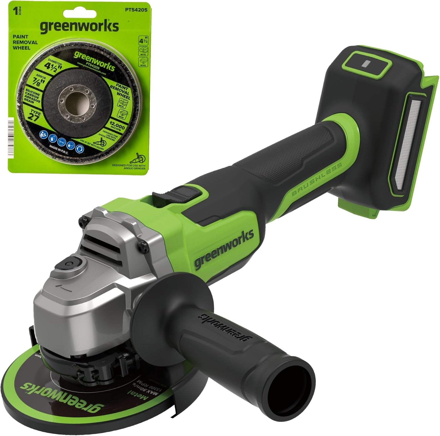Greenworks 24V Cordless Brushless 4-1/2" Angle Grinder, Bruhless Motor 9000RPM,Aluminum gear box,for Cutting, Grinding, Polishing and Rust Removal.(Tool Only),Add 4-1/2" Paint Removal Wheel