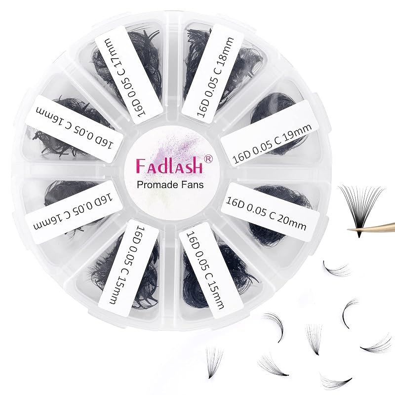 Extensões de cílios FADLASH com fans pré-montados 16D-0.05C, 9–16 mm, 1000 unidades