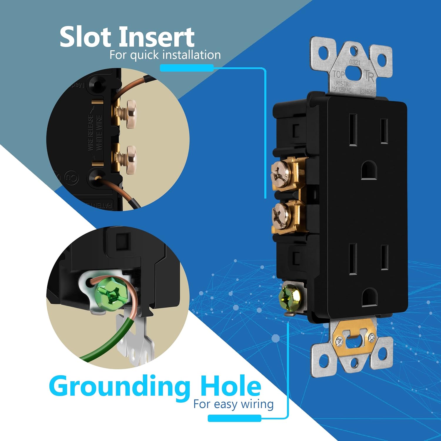 LIDER Matte Finish Decorator Receptacle with Interchangeable Face Cover, Child Safe Tamper-Resistant Wall Outlet, Residential Grade, Self-Grounding, 15A 125V, UL Listed, LR15-TR-BK10P, Black, 10 Pack