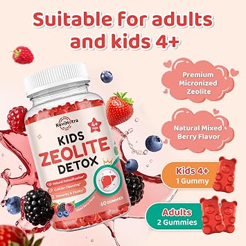 Zeolite Detox for Kids & Adults, Zeolite Detox Gummies with L-Glutamine, Chlorella, Milk Thistle, Zinc, Prebiotics for Gut Support, Liver Detox Cleanse, Immune, Energy, Mixed Berry Flavor, 60 Gummies