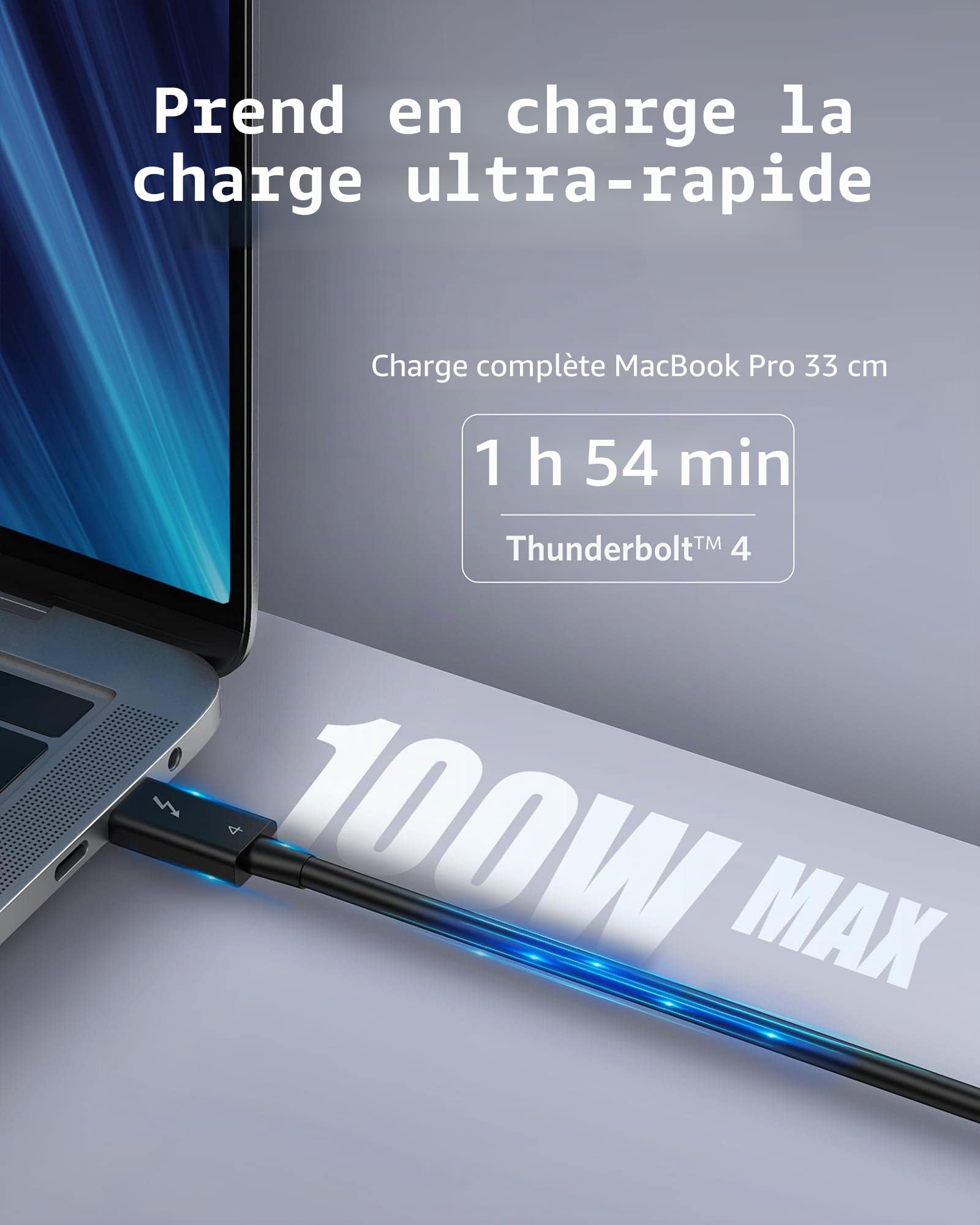 Anker Câble Thunderbolt 4, 100W USB-C vers USB-C, Affichage 8K/Transfert de Données 40 Gbit/s, iPhone 16/15/14, MacBook, iPad Pro, concentrateur, station d'accueil Type-C(0,7m)