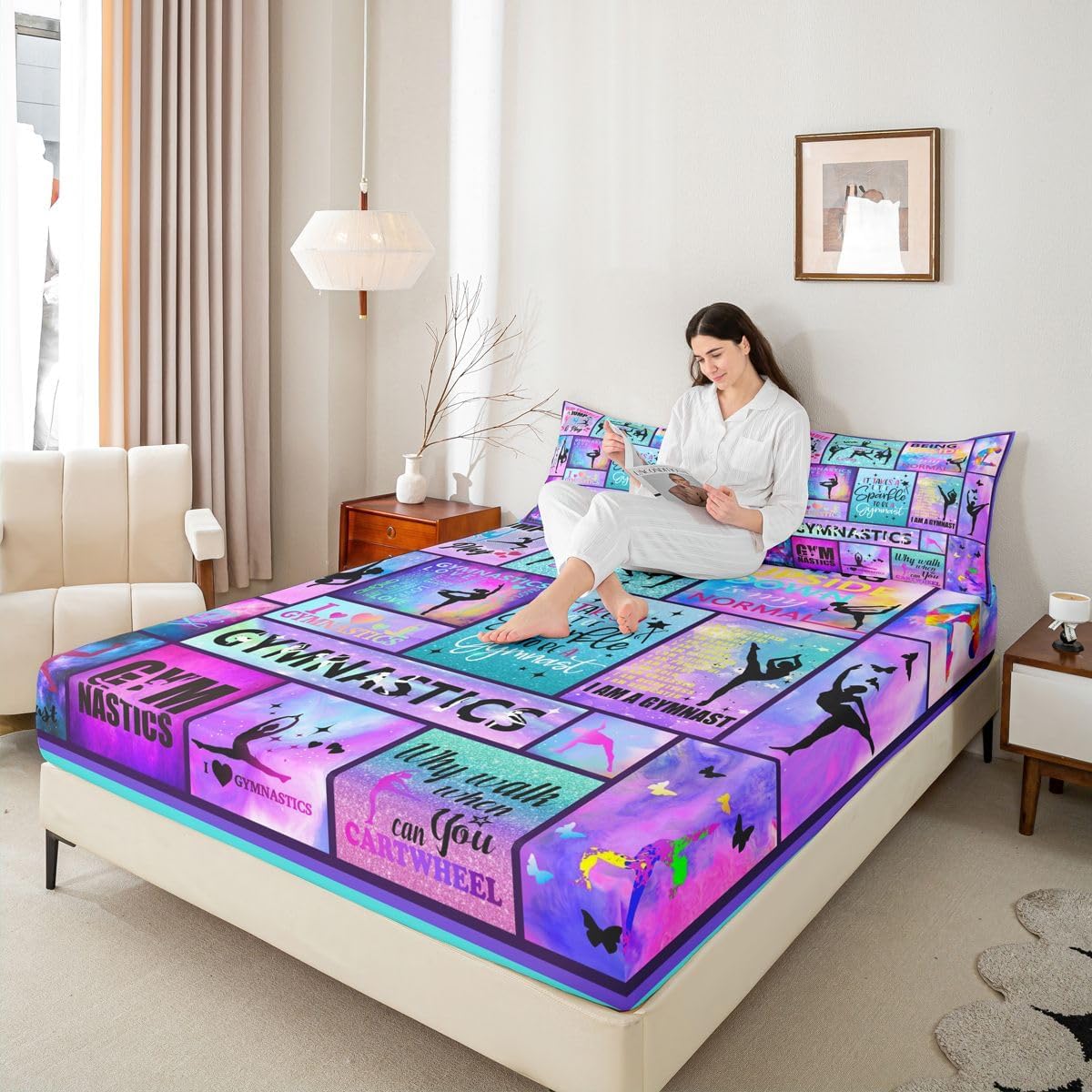 Gymnastics Gifts Bed Sheet, Gymnast Lovers Bedding Set Twin Size for Kids Girls Teens Women Room Decor, Geometric Checkered Fitted Sheet Colorful Tie Dye Pastel Bedding Decor Set - Deep Pocket