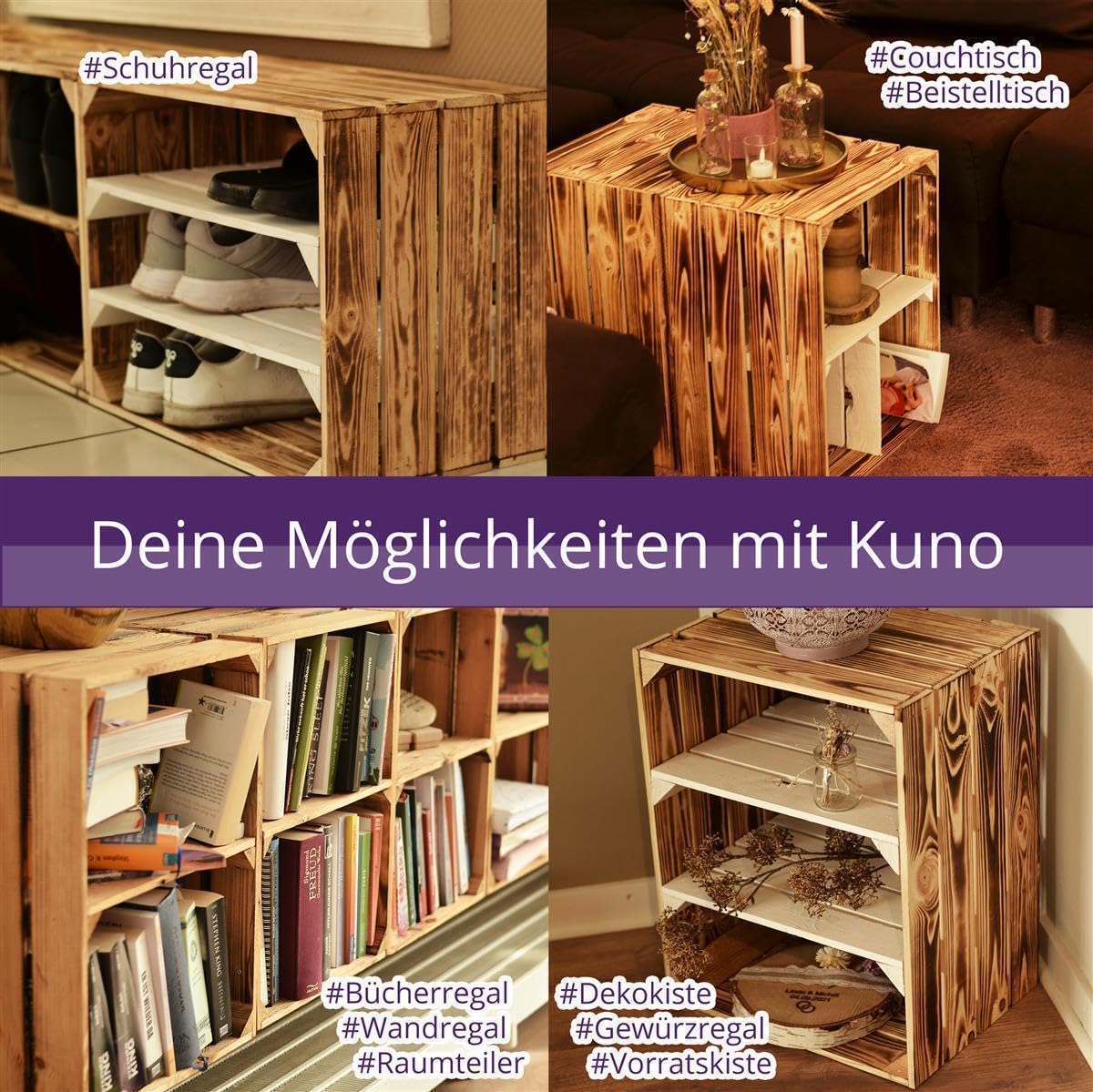 2 Set Geflammte Obstkisten - Lange Ablage 50x40x30cm Holzkisten Weinkisten