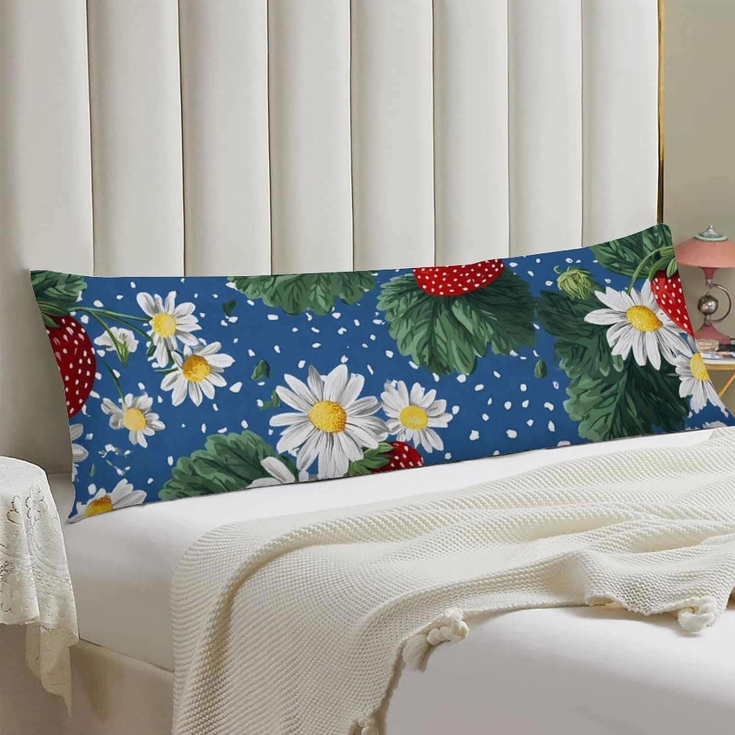 Strawberry Daisy Leaves Dots Body Pillow Cover Long Cushion 18.9x53.1 Inch