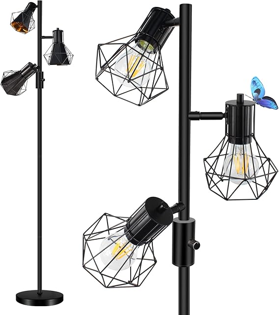 Stepless Dimmable Industrial LED Floor Lamp, 3-light Adjustable Farmhouse Floor Lamps with 3 x 8W 800LM Bulbs, Rustic Standing Tree Lamp Room Decor with Eye-caring Lampshade for Living Room Bedroom