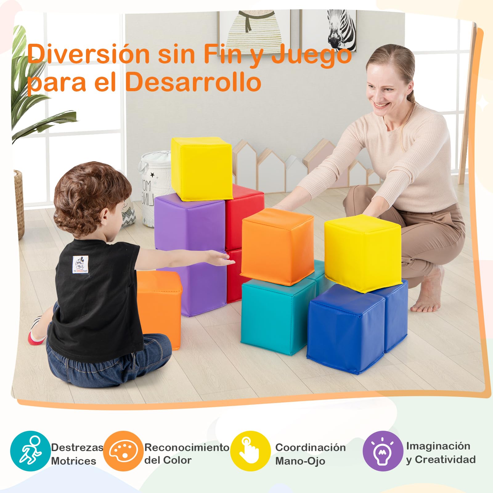 COSTWAY 12 Piezas Bloques de Construcción de Espuma, Cubos Suaves de Escalada de 14 x 14 cm en Colores para Niños, Bloques Psicomotricidad de Apilamiento y Lanzamiento (Arcoiris)