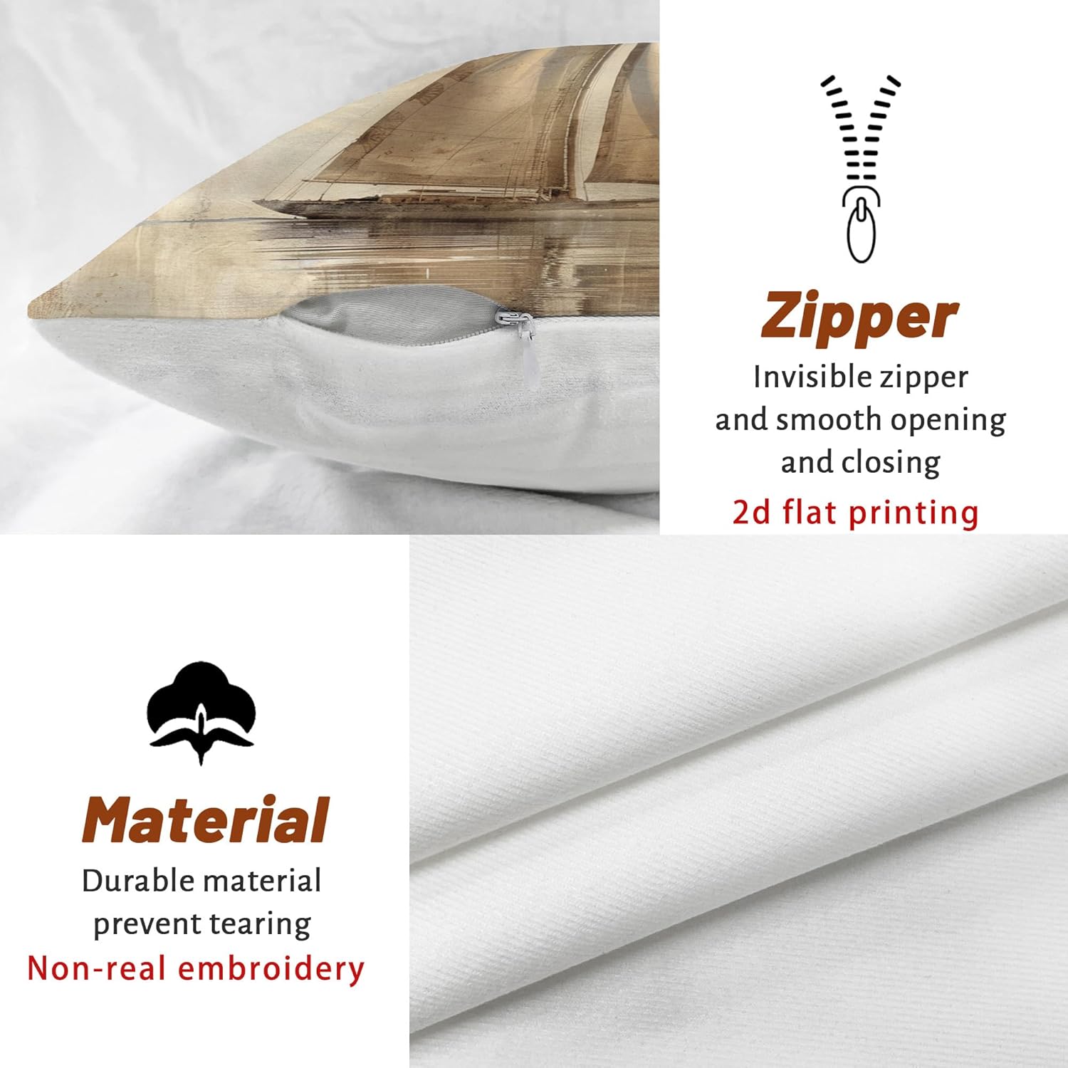 Nautical Pillow Covers Set of 2, Beige Sailboat Print Throw Pillows Case, Seasonal Decorative Vintage Coastal Decor Cushion Covers for Home Sofa Bed Couch 24x24 Inch