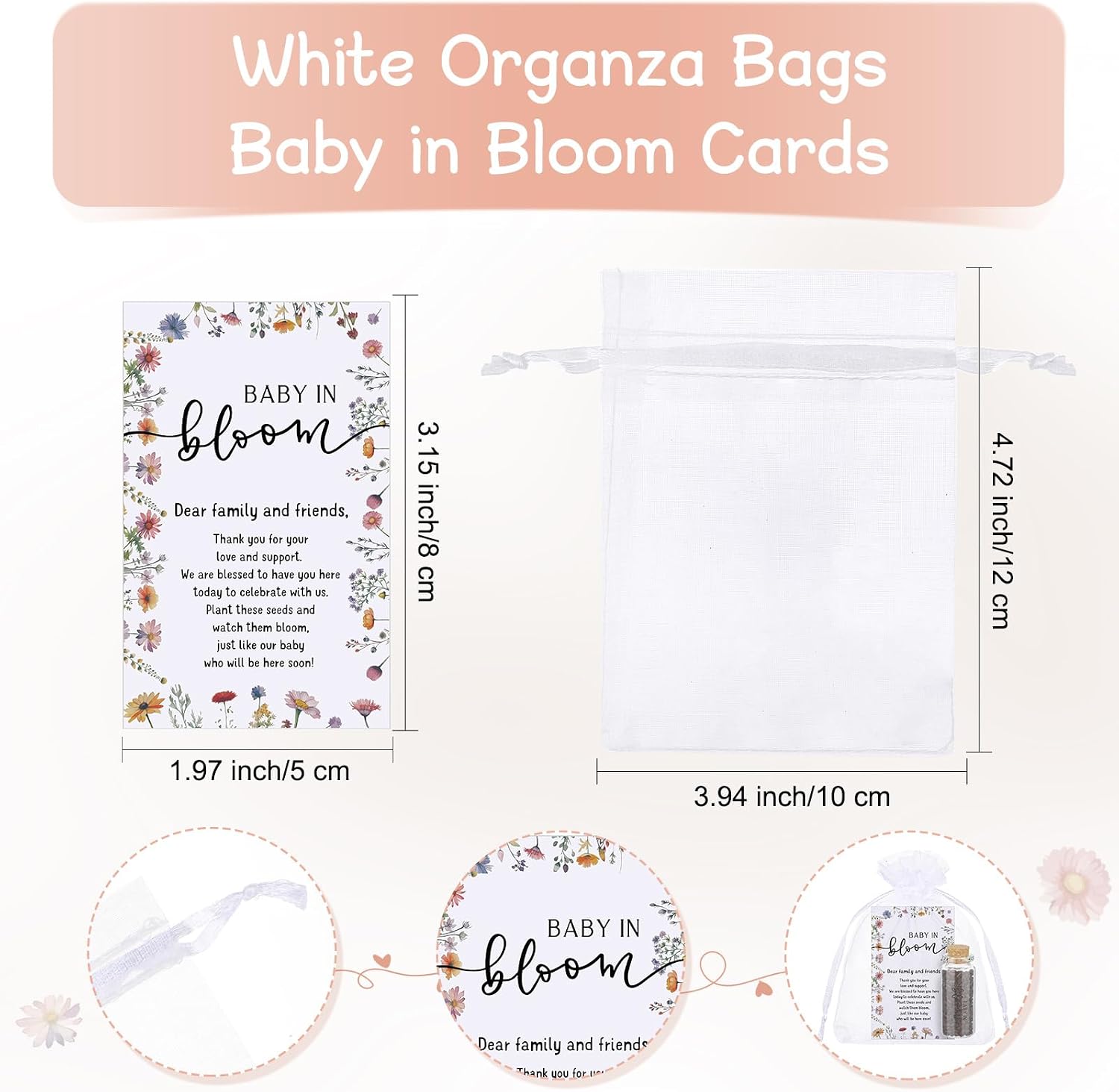 Liliful 25 Set Baby in Bloom Baby Shower Party Favors for Guests Seed Organizer Glass Bottles with Cork Stopper Thank You Cards and Organza Bags Wildflower Floral Gender Reveal Supplies, No Seed