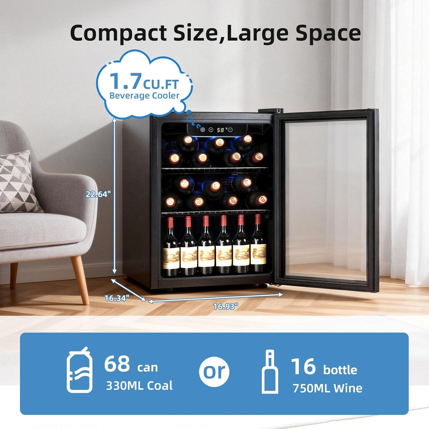 Antarctic Star 1.7 Cu.Ft Beverage Cooler for Up to 68 Cans, Compact Drink Fridge with Stainless Steel Glass Door, Digital Display and Electronic Temperature Control, Silver