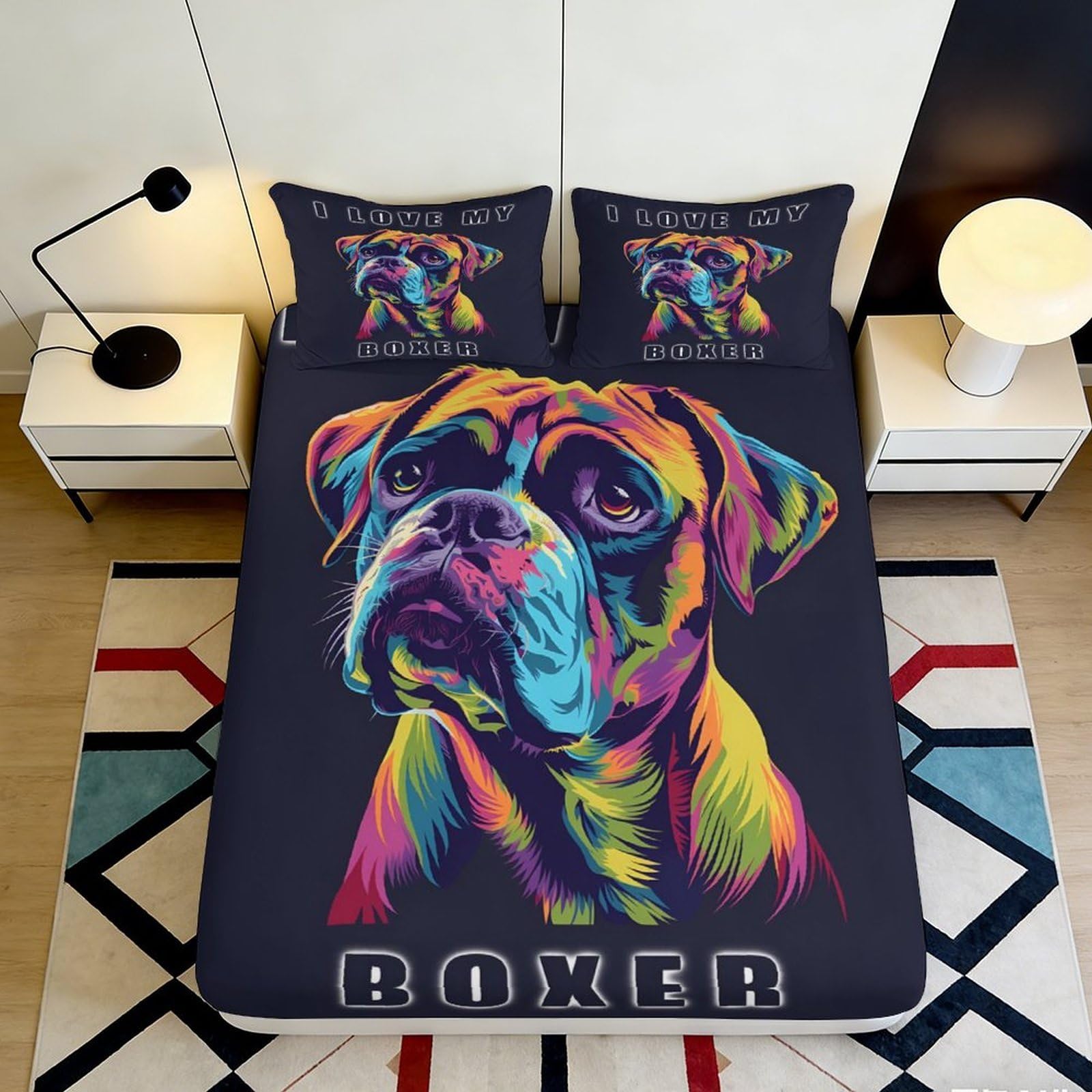 3D Printed Colorful Boxer Dog Fitted Sheet Microfiber Anti-Slip Bed Sheet Gift for Bedroom Dorm Bed Protection Decor 90x200x25cm