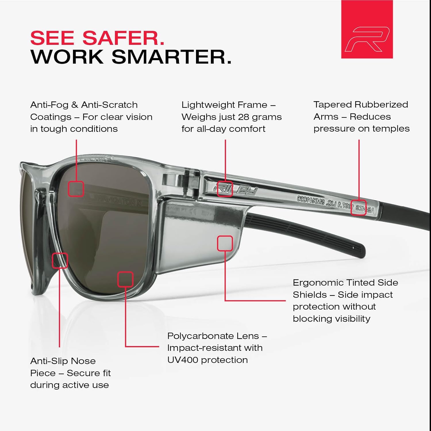 Riley Navigator X Safety Glasses – Anti-Fog, Scratch/Impact Resistant & Polarized Lenses, Lightweight Full-Frame for Work, Outdoors, & Active Lifestyles, Gray