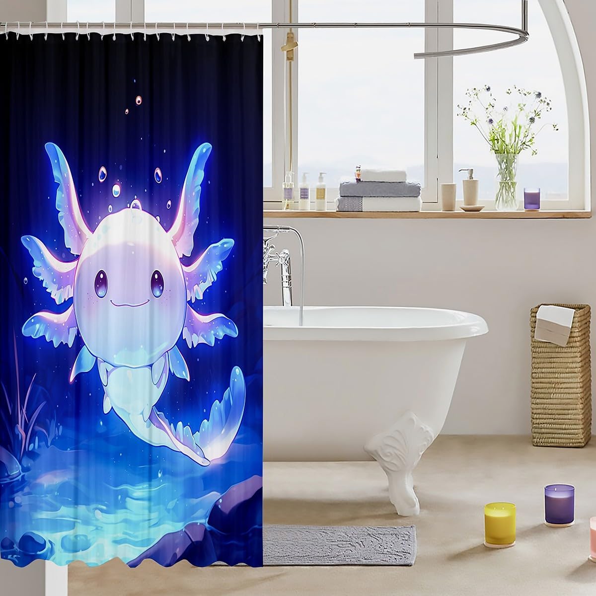 Feelyou Cute Axolotl Shower Curtain 72"x78" Cartoon Salamander Bath Curtain for Boys Girls Teens Kawaii Ocean Sealife Bathroom Shower Curtain Set Gift for Women Kids Bathroom Accessories, Blue Black