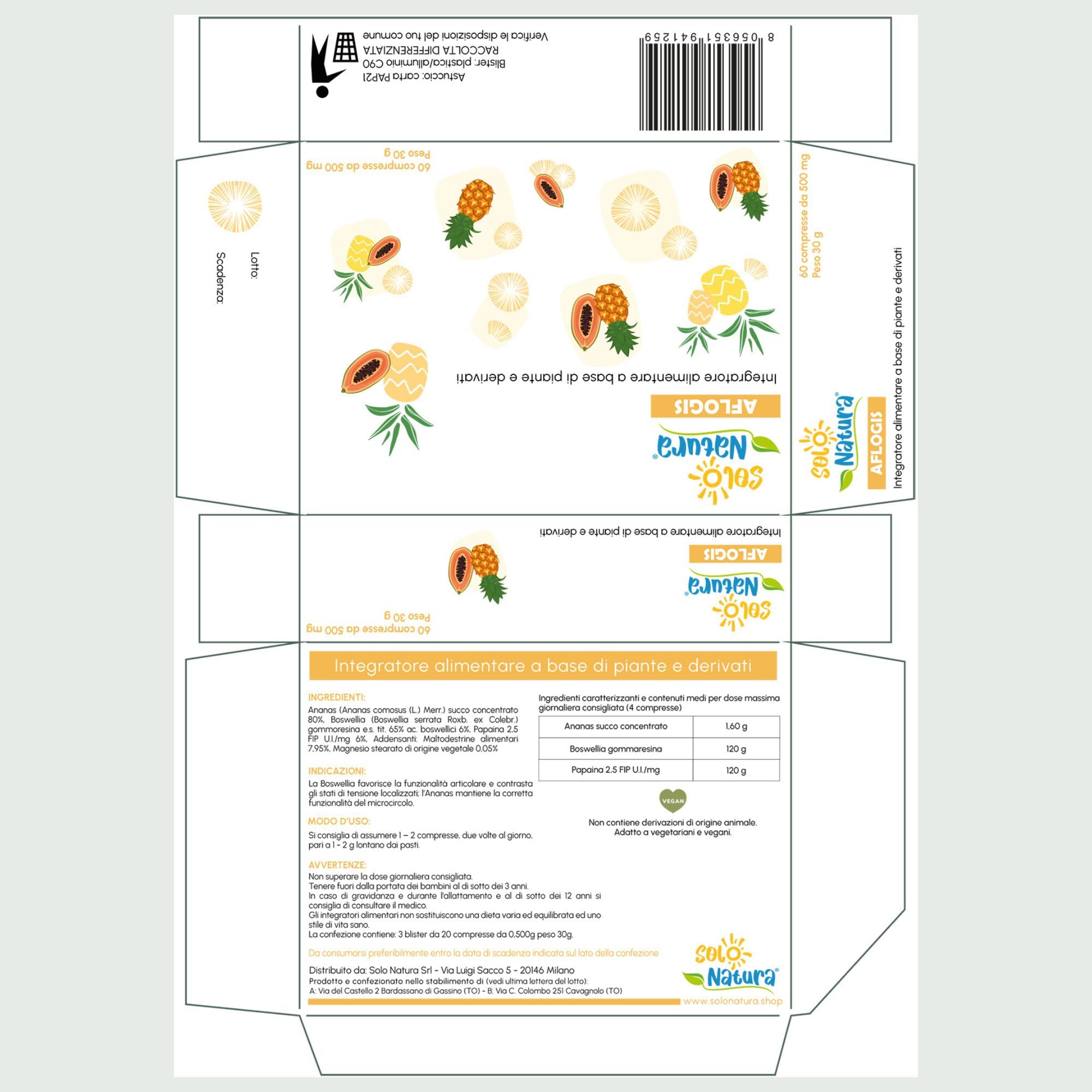 Solo Natura AFLOGIS – Integratore di Boswellia Serrata e Bromelina da Ananas. Supporto per Articolazioni e Funzionalità del Microcircolo, 60 Compresse da 500 mg