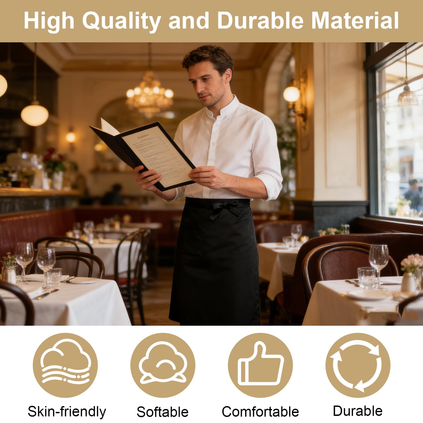 3 Stück Vorbinder Schürze mit Tasche, 68x70cm Kellnerschürze Verstellbare Lang Vorbinder, Kochschürze Halbe Arbeit Servierschürze Taillenschürze Schwarz für Küche Restaurant Bistro Florist Caf