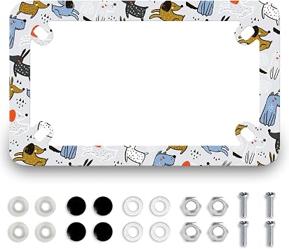 Cute Dogs Motorcycle License Plate Frame Stainless Steel Colorful Animal Dog Tag Holder 4 Holes Men Women Motorcycle Accessory with Screws Nut Caps 7.7" x 4.5" for Bike Motorcycle